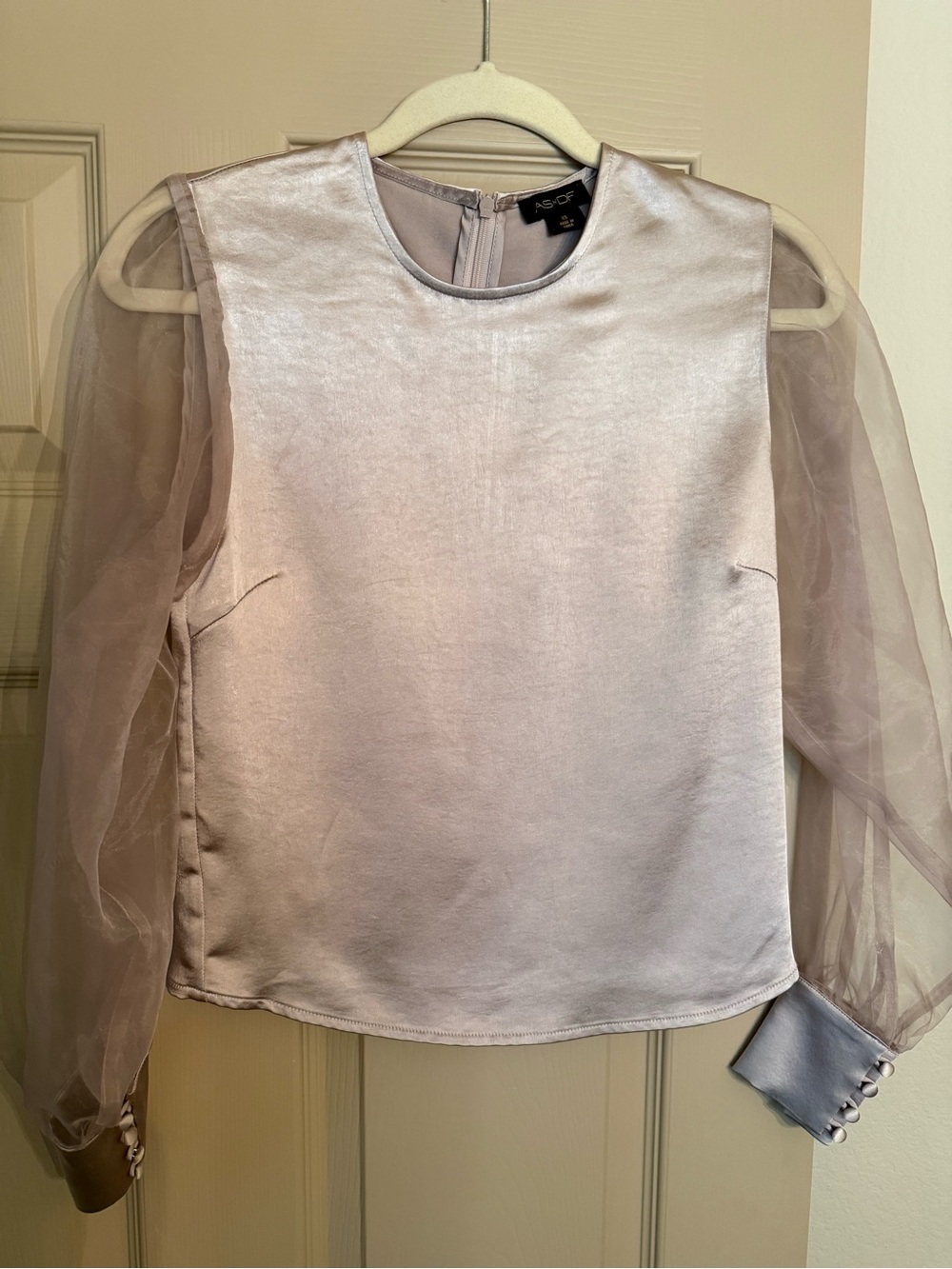 AS by DF / Neiman Marcus /Bloomingdale Satin Top with Sheer Puff Sleeves -